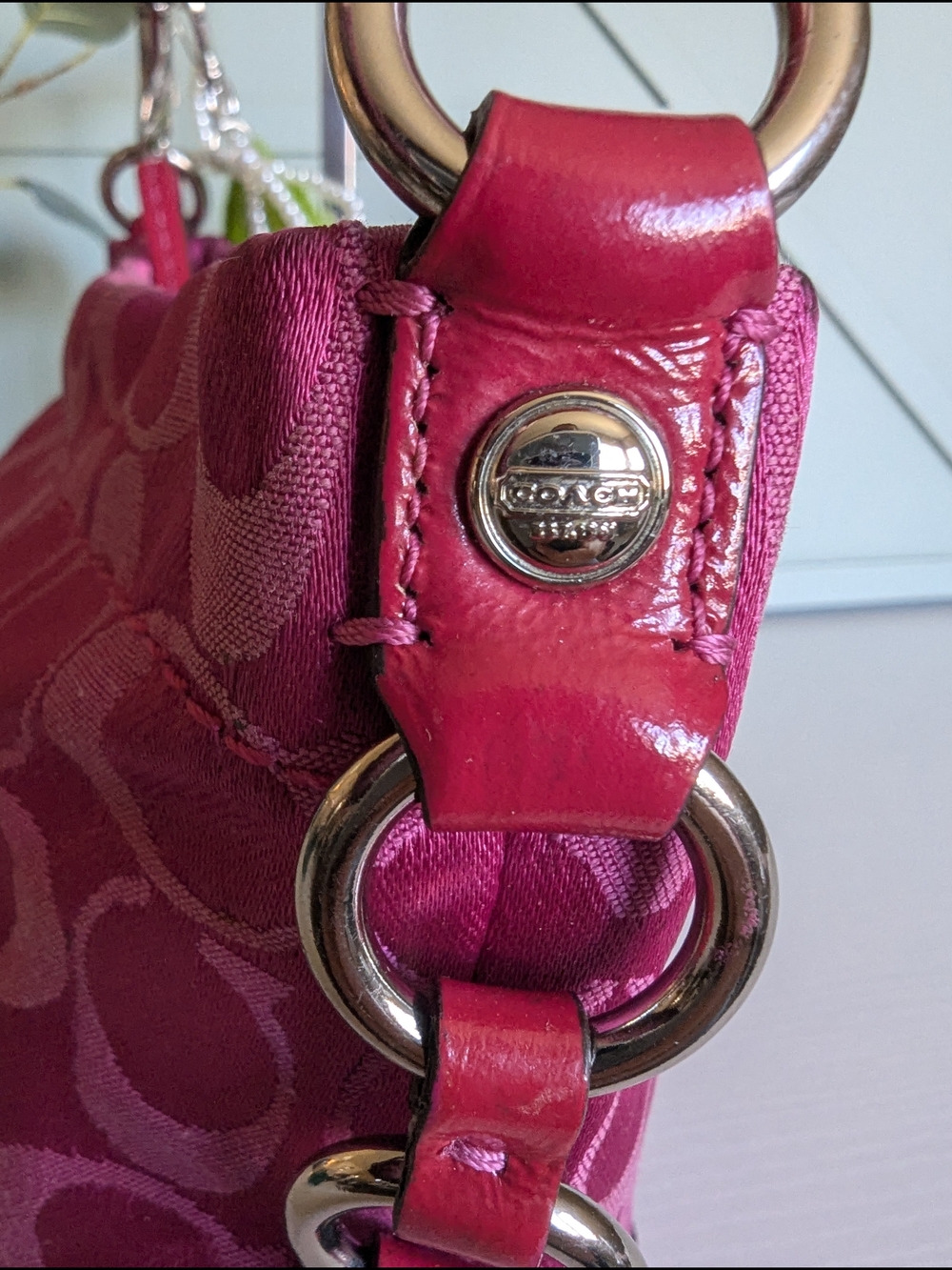 Coach Pink Signature Jacquard Shoulder Bag with Pearl Charm - Picture 11 of 16